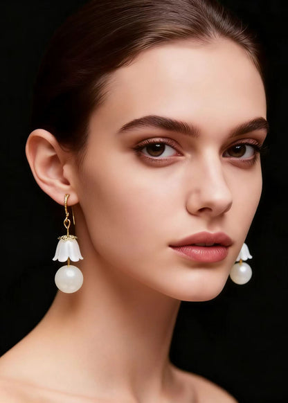 White Lily of the Valley Pearl Drop Earrings