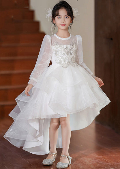 White O-neck Low High Design Tulle Maxi Dresses Spring Ye003