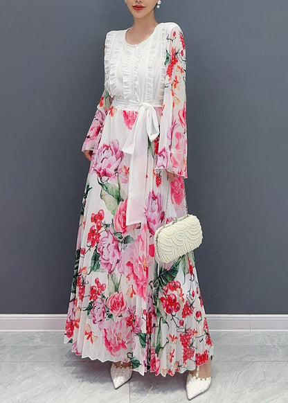 White O-neck Ruffled Patchwork Tie Waist Chiffon Long Dress Long Sleeve Ao1034