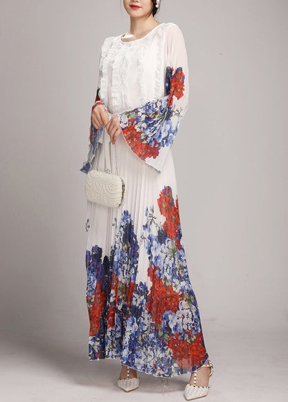 White O-neck Ruffled Patchwork Tie Waist Chiffon Long Dress Long Sleeve Ao1034