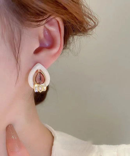 White Sterling Silver Overgild Zircon Crystal Water Drop Stud Earrings Df1007