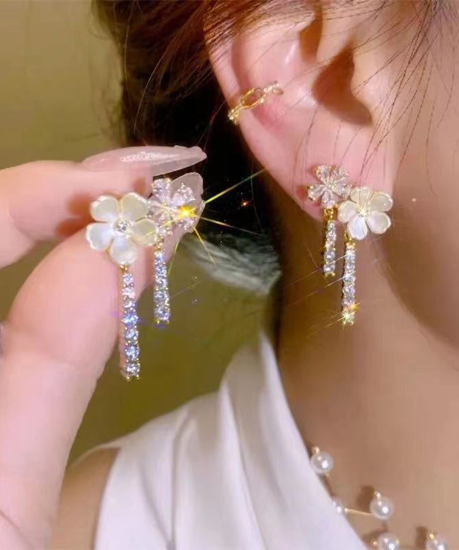 White Sterling Silver Overgild Zircon Pearl Drop Earrings