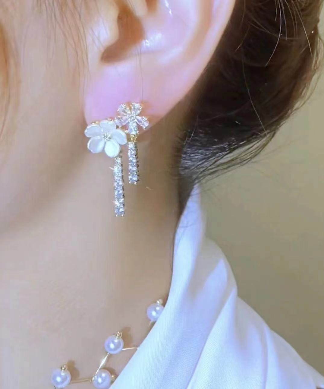 White Sterling Silver Overgild Zircon Pearl Drop Earrings