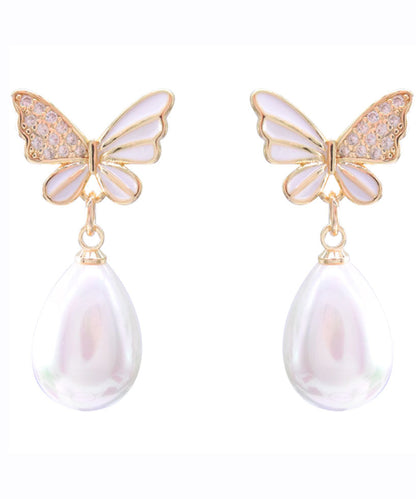 White Sterling Silver Zircon Butterfly Shell Water Drop Drop Earrings