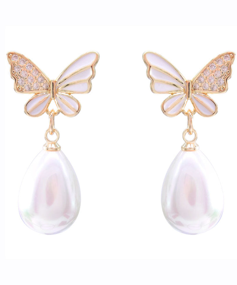 White Sterling Silver Zircon Butterfly Shell Water Drop Drop Earrings