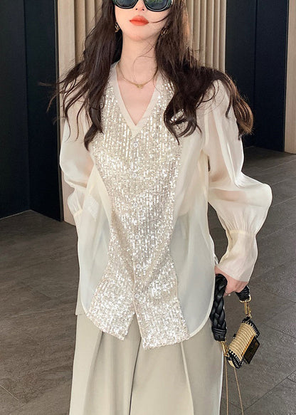 White V Neck Sequins Patchwork Silk Blouses Long Sleeve Op1029