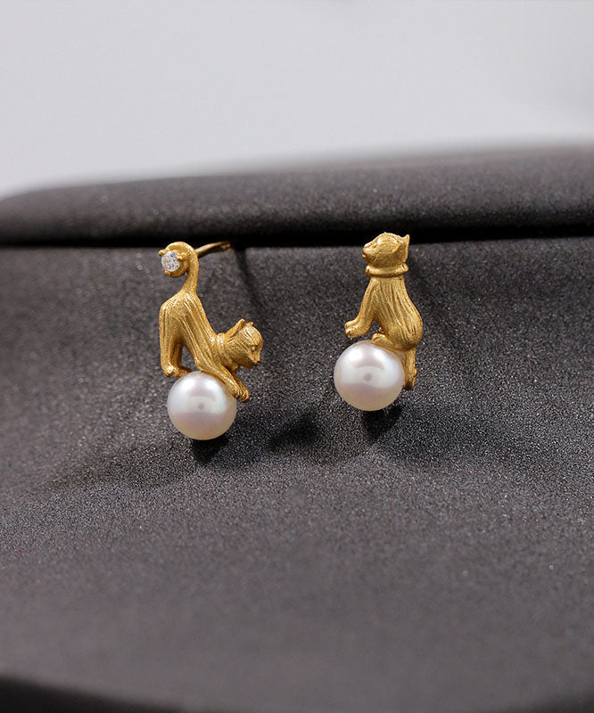 Yellow 14k Gold Cats Pearl Asymmetrical Design Stud Earrings