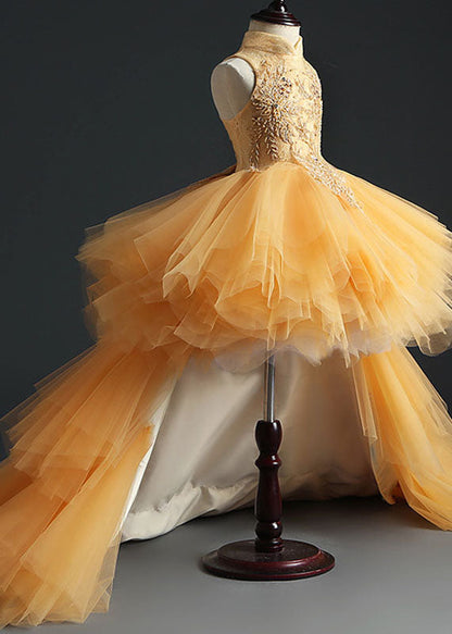 Yellow Stand Collar Embroideried Tulle Kids Long Dresses Sleeveless Ys007
