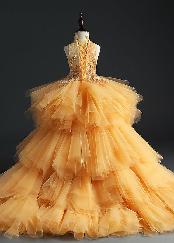 Yellow Stand Collar Embroideried Tulle Kids Long Dresses Sleeveless Ys007