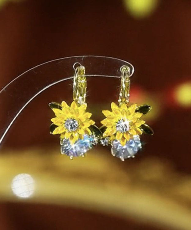 Yellow Sterling Silver Overgild Zircon Sunflower Drop Earrings