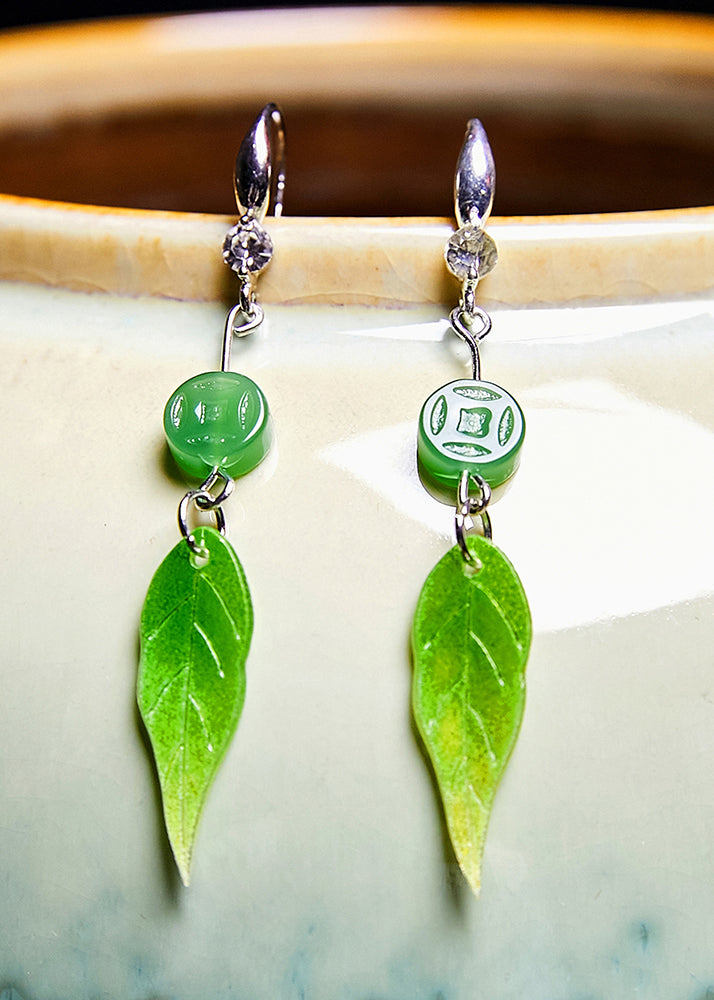 Zircon Green Leaf Acrylic Drop Earrings