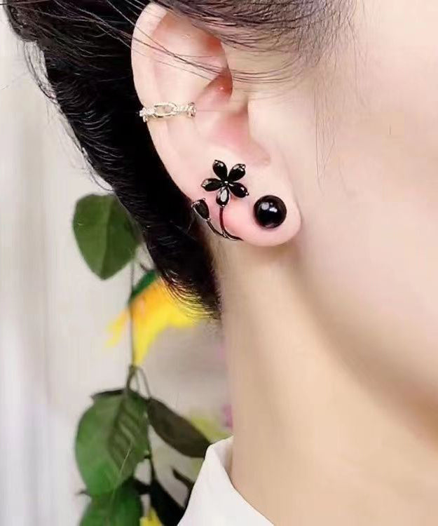 Fine Black Alloy Inlaid Gem Stone Stud Earrings Gh1086