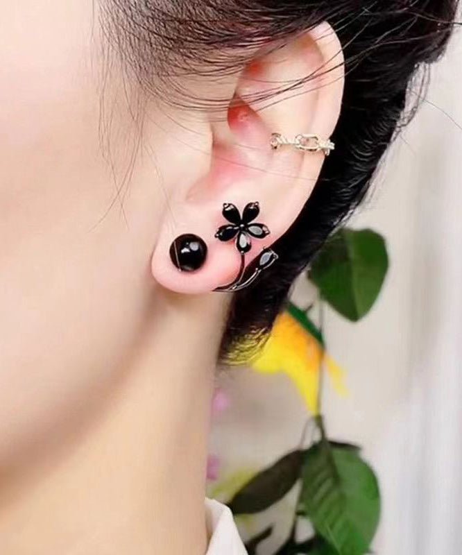 Fine Black Alloy Inlaid Gem Stone Stud Earrings Gh1086