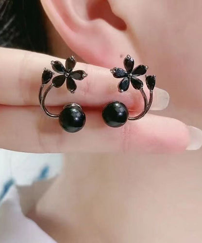 Fine Black Alloy Inlaid Gem Stone Stud Earrings