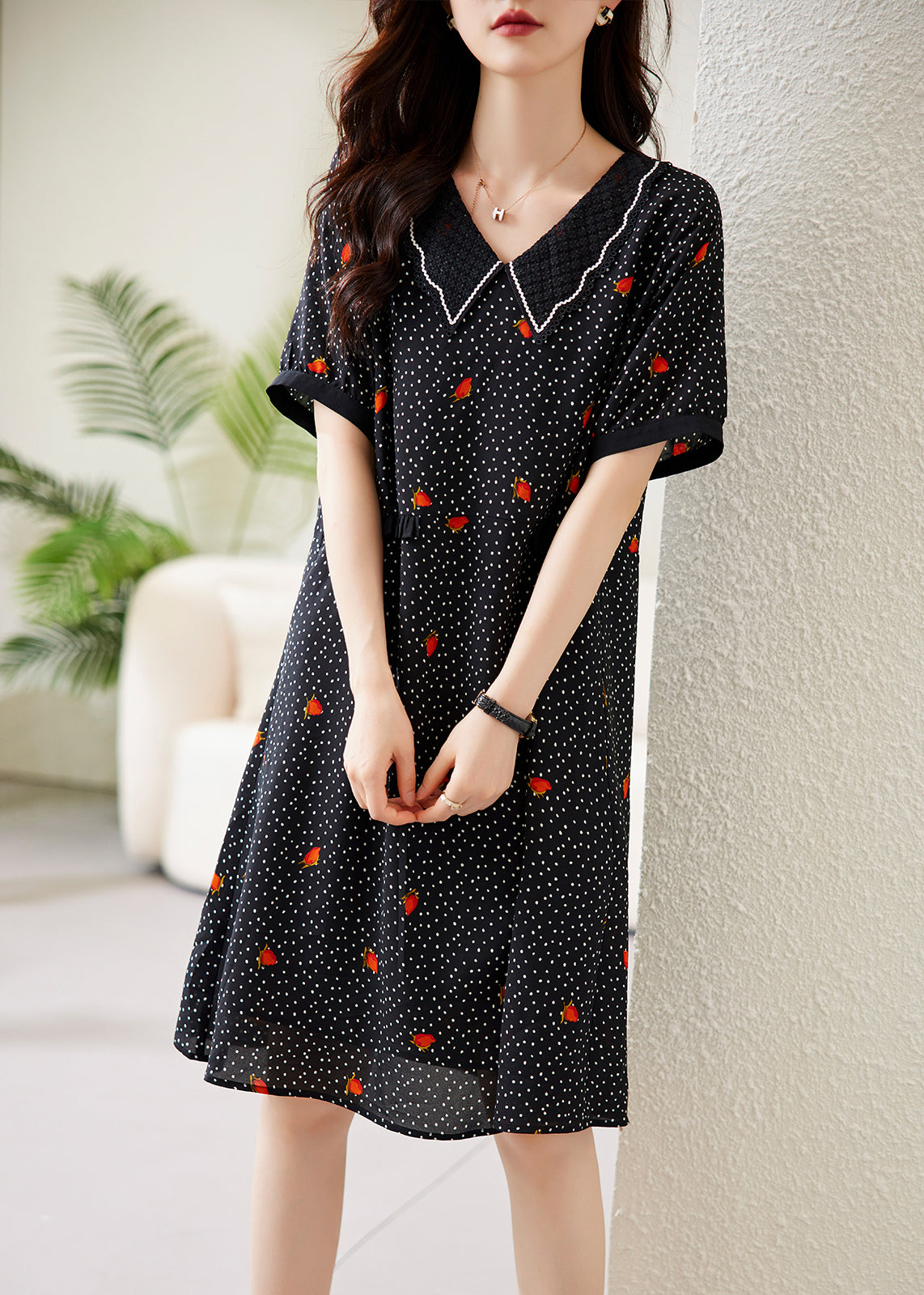 Fine Black Peter Pan Collar Dot Print Chiffon Maxi Dresses Short Sleeve Ww041