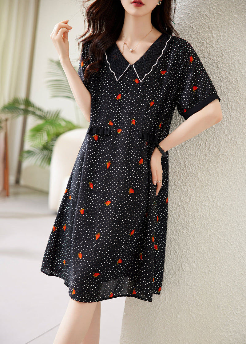 Fine Black Peter Pan Collar Dot Print Chiffon Maxi Dresses Short Sleeve Ww041