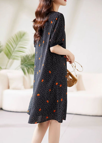 Fine Black Peter Pan Collar Dot Print Chiffon Maxi Dresses Short Sleeve Ww041