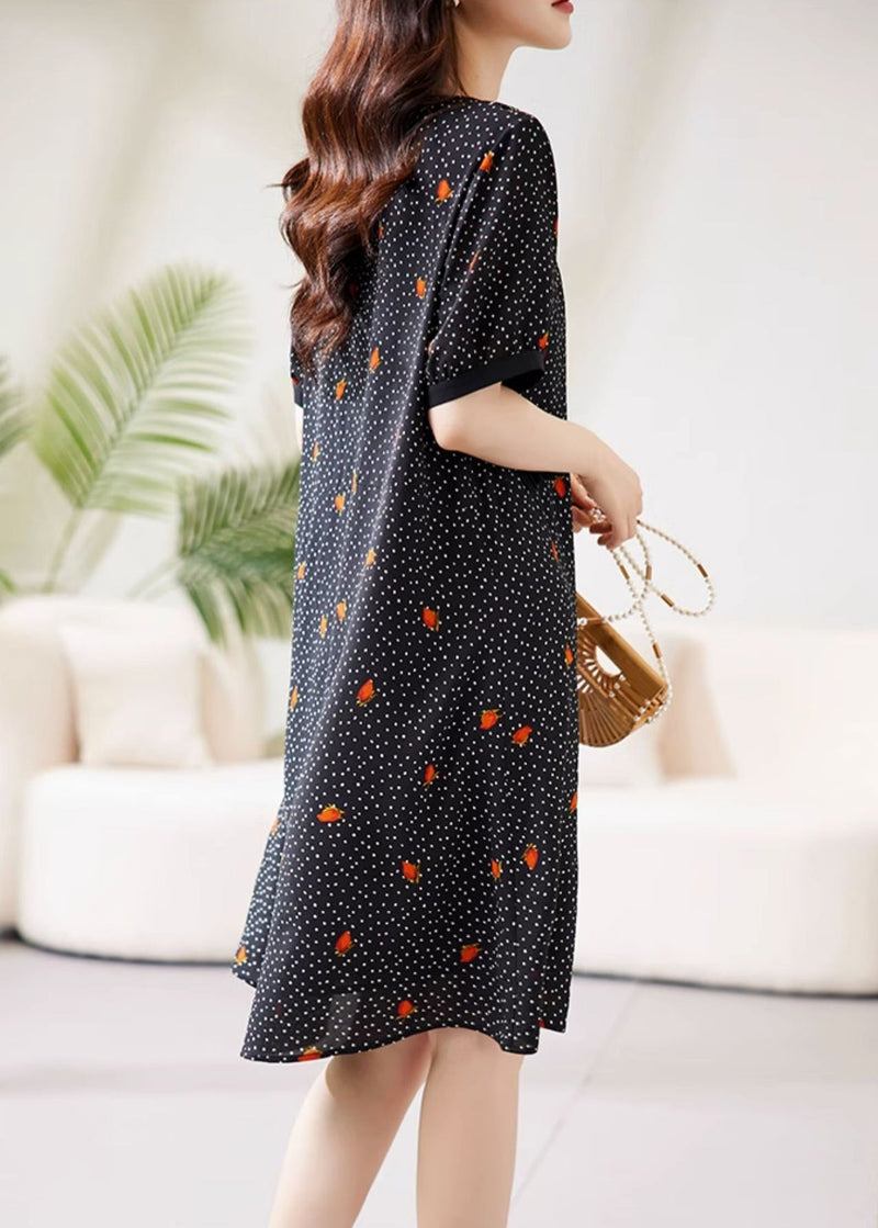 Fine Black Peter Pan Collar Dot Print Chiffon Maxi Dresses Short Sleeve Ww041