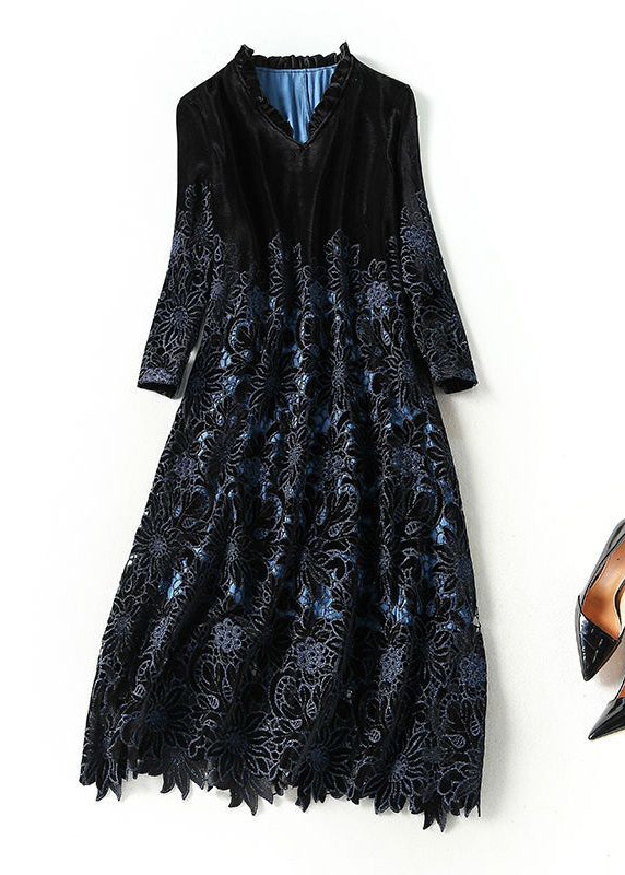 Fine Black Ruffled Embroideried Hollow Out Silk Velour Long Dress Ac3059