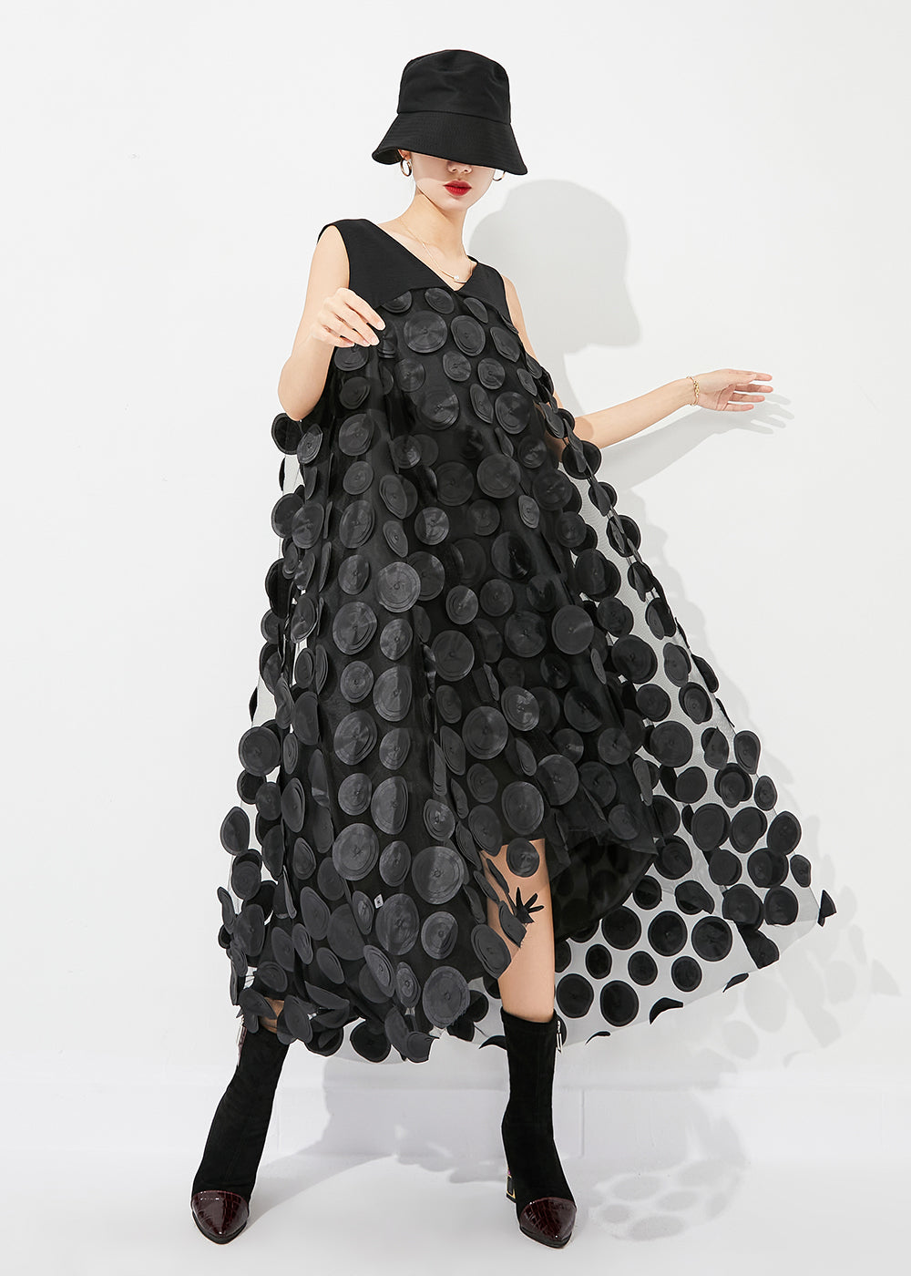Fine Black V Neck Patchwork Low High Design Tulle Long Dresses Sleeveless Ly0882