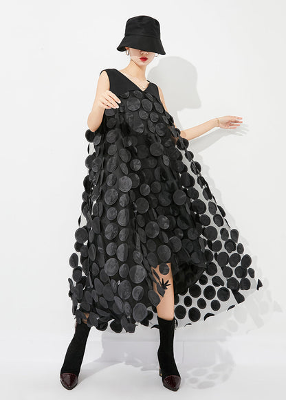 Fine Black V Neck Patchwork Low High Design Tulle Long Dresses Sleeveless Ly0882
