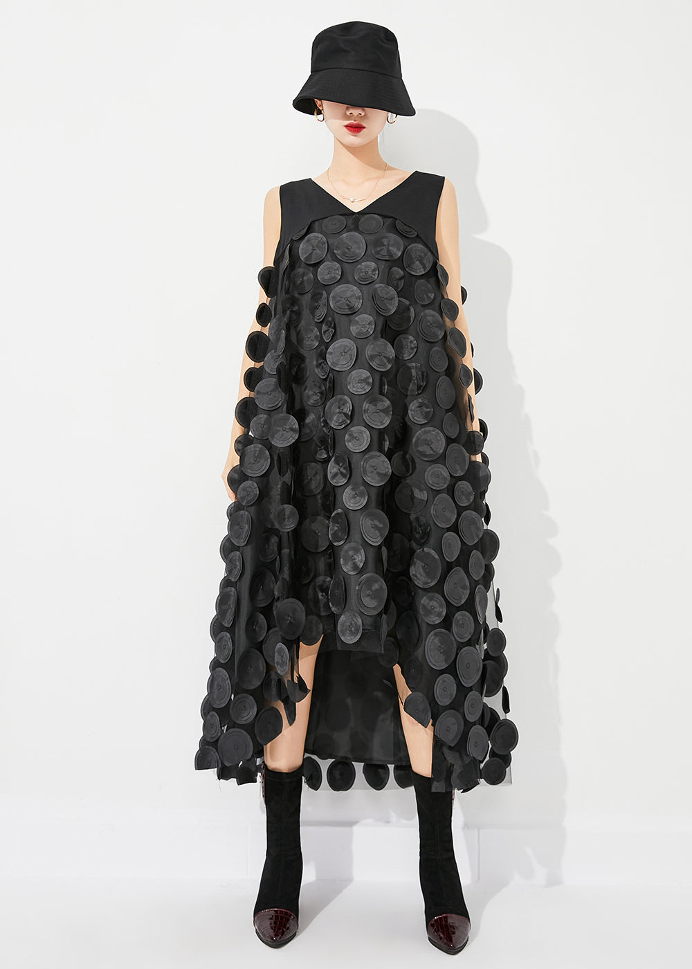 Fine Black V Neck Patchwork Low High Design Tulle Long Dresses Sleeveless Ly0882