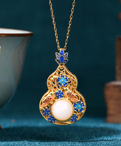 Fine Blue Ancient Gold Jade Enamel Lotus Flower Gourd Pendant Necklace Kx1073