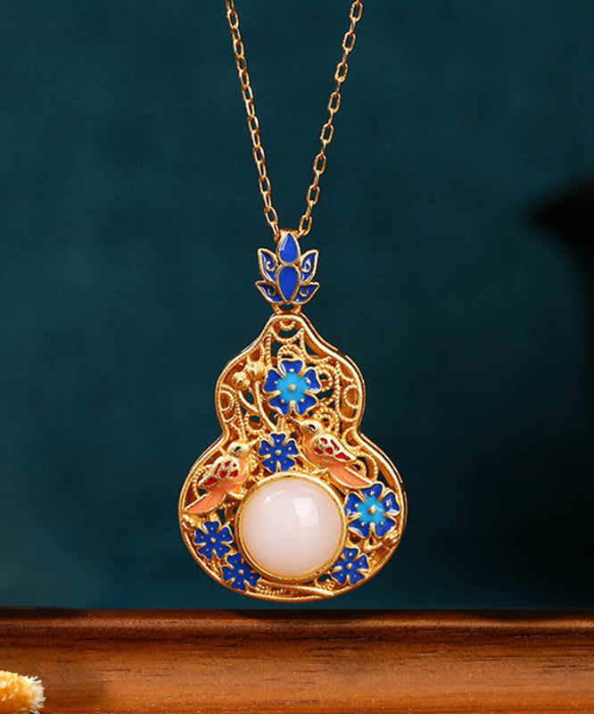 Fine Blue Ancient Gold Jade Enamel Lotus Flower Gourd Pendant Necklace Kx1073