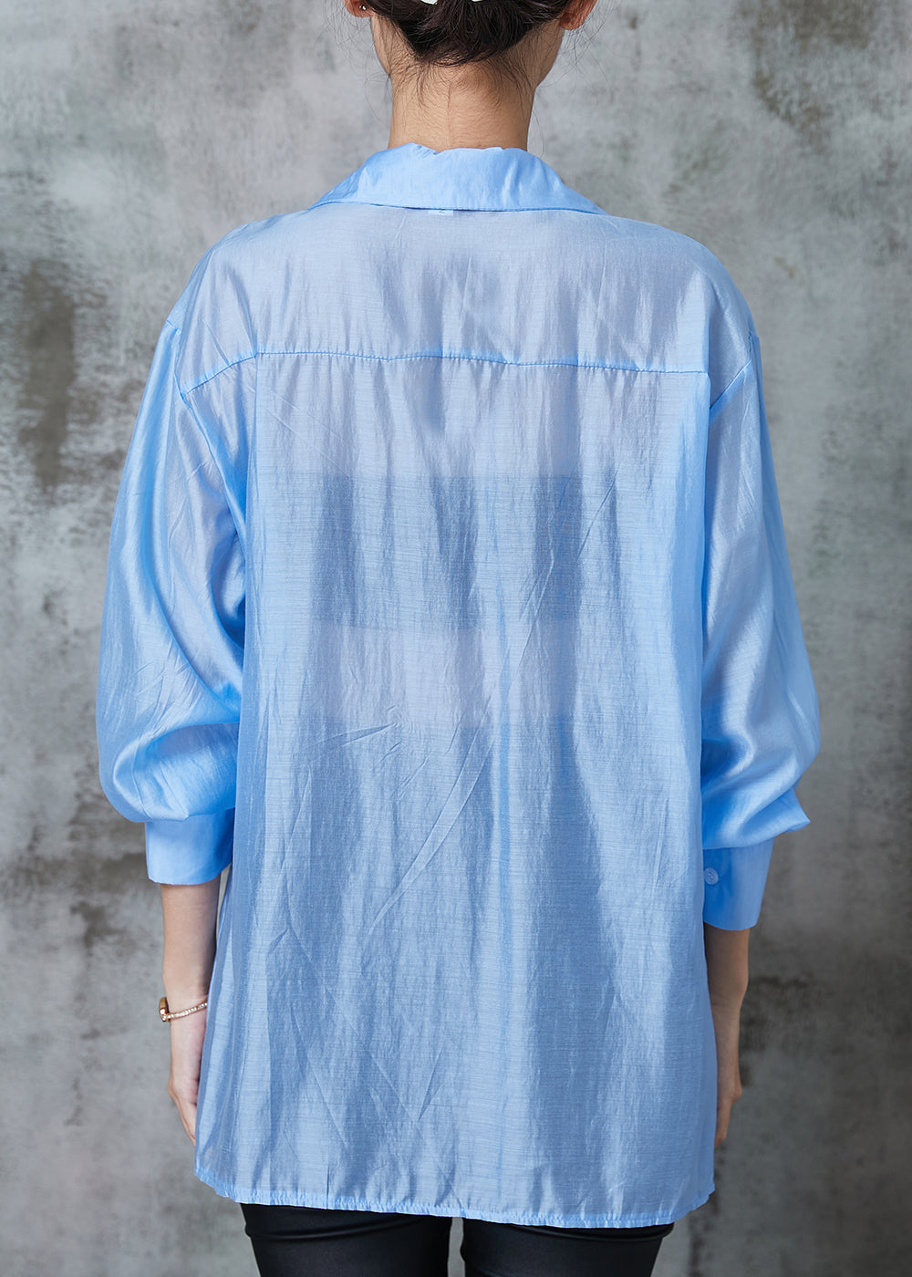 Fine Blue Asymmetrical Wrinkled Linen Blouse Top Summer Al1021