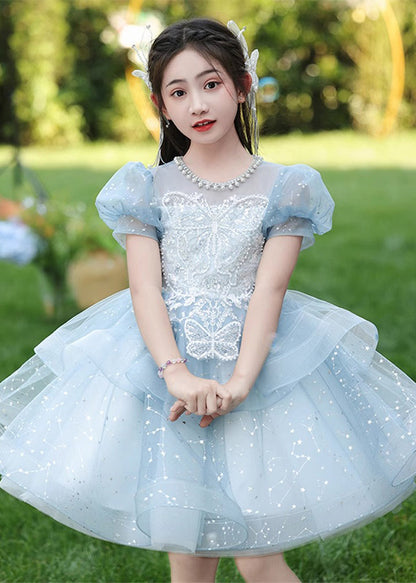 Fine Blue Nail Bead Bow Tulle Maxi Dresses Summer Qv008