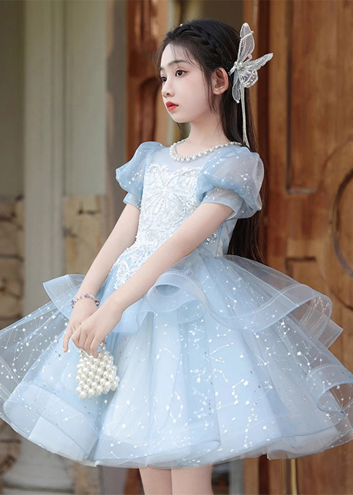 Fine Blue Nail Bead Bow Tulle Maxi Dresses Summer Qv008