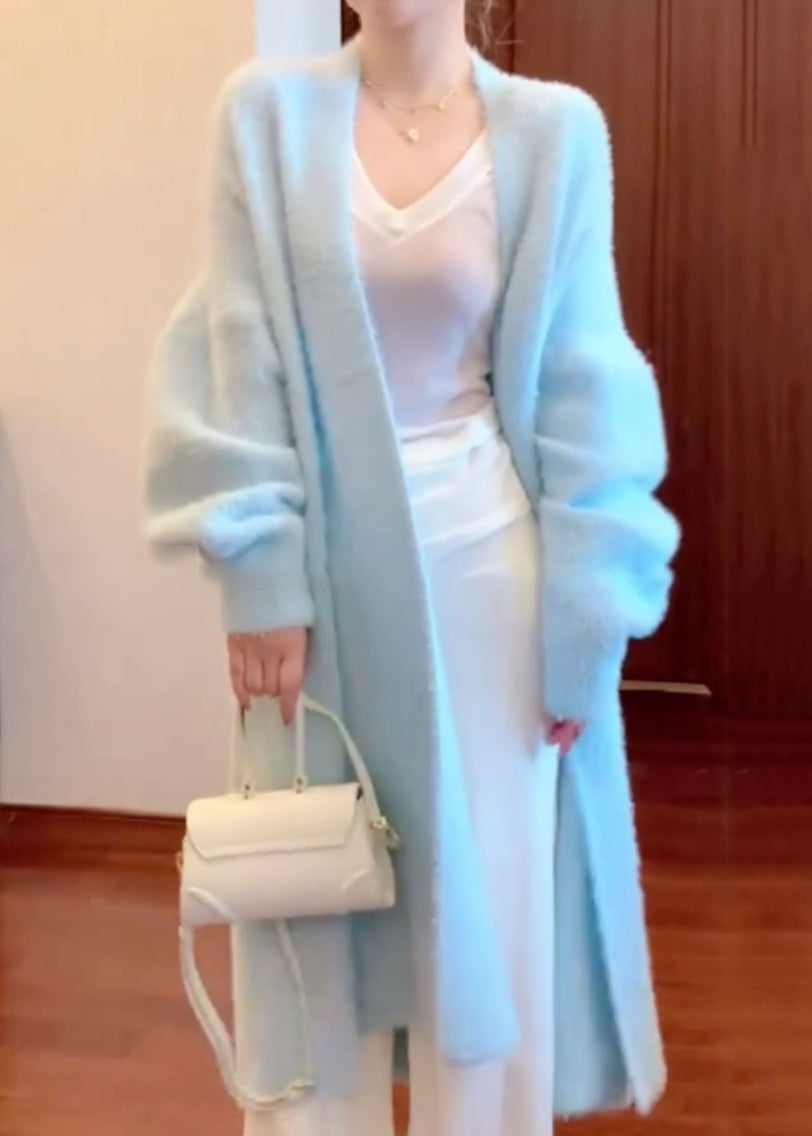 Fine Blue V Neck Mink Hair Knitted Cardigan Fall Rl012