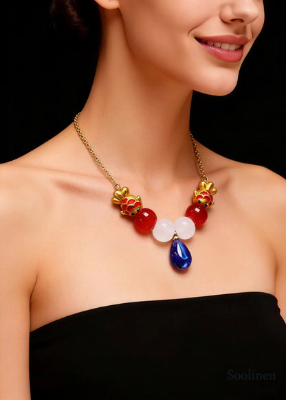 Fine Blue Water Droplet Gem Stone Goldfish Pendant Necklace