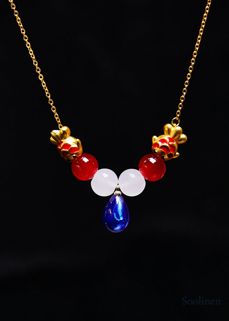 Fine Blue Water Droplet Gem Stone Goldfish Pendant Necklace
