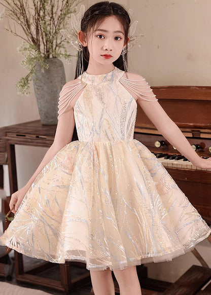 Fine Champagne O-neck Nail Bead Tassel Tulle Long Dresses Summer Qv022
