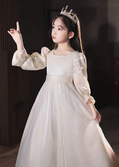 Fine Champagne Square Collar Nail Bead Tulle Kids Long Dress Puff Sleeve Qv004