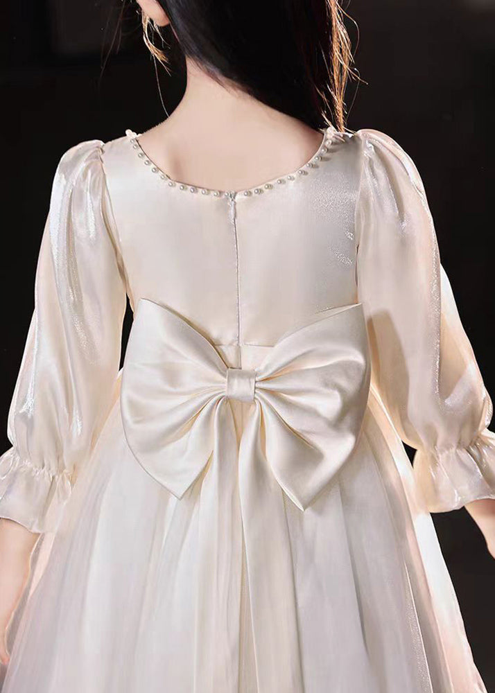 Fine Champagne Square Collar Nail Bead Tulle Kids Long Dress Puff Sleeve Qv004