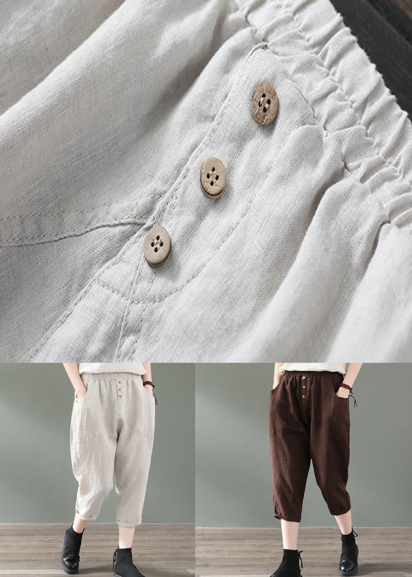Fine Coffee Pockets Patchwork Linen Crop Pants Summer Ly0589