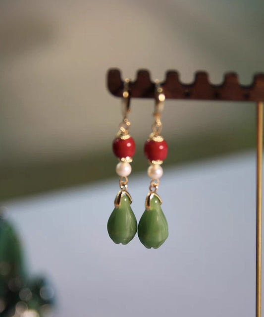 Fine Colorblock Sterling Silver Overgild Jade Orchid Drop Earrings Gh1046