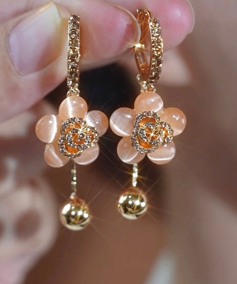 Fine Gold Alloy Zircon Cat Eye Stone Drop Earrings