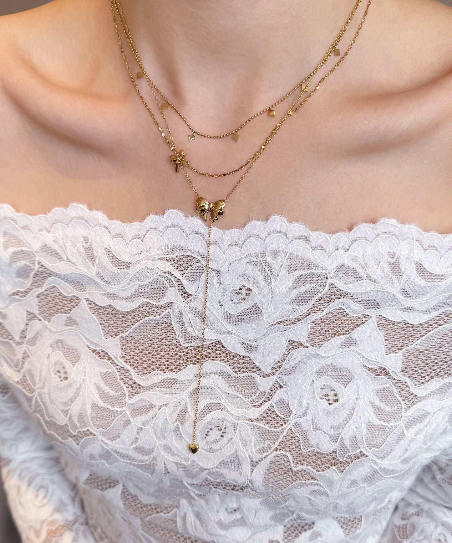 Fine Gold Bow Tassel Layering Alloy Two Piece Set Necklace