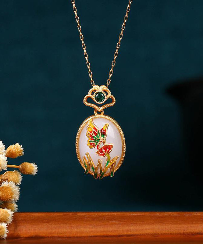 Fine Gold Copper Overgild Jade Crystal Butterfly Pendant Necklace
