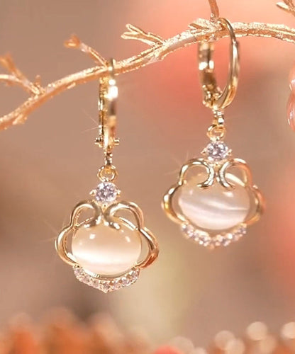 Fine Gold Copper Zircon Cat's Eye Stone Ruyi Lock Drop Earrings