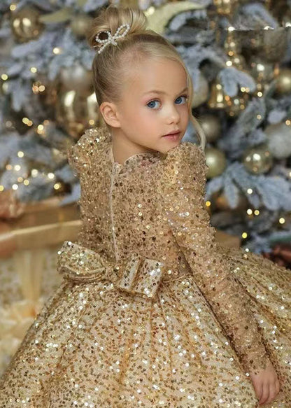Fine Gold O-neck Sequins Tulle Kids Long Dresses Spring Ys009