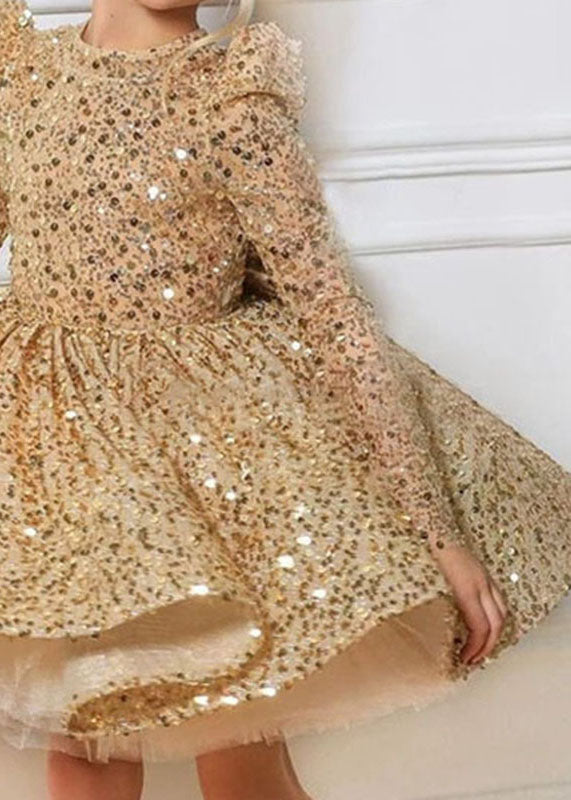 Fine Gold O-neck Sequins Tulle Kids Long Dresses Spring Ys009