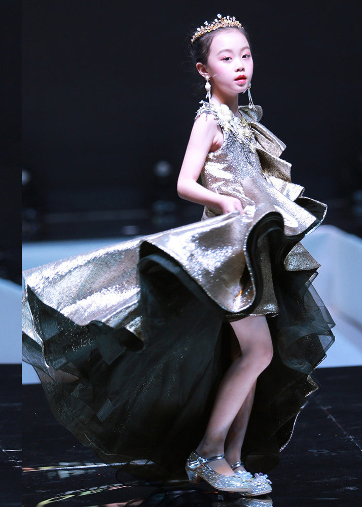 Fine Gold Patchwork Low High Design Kids Maxi Dress Sleeveless Yg014