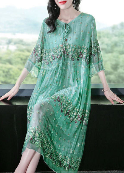 Fine Grass Green Embroideried Patchwork Silk Maxi Dresses Ac3047