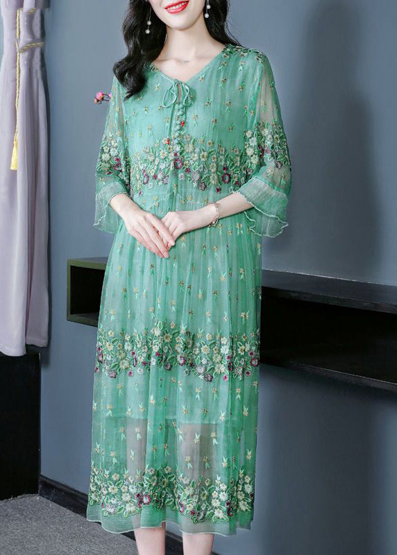 Fine Grass Green Embroideried Patchwork Silk Maxi Dresses Ac3047