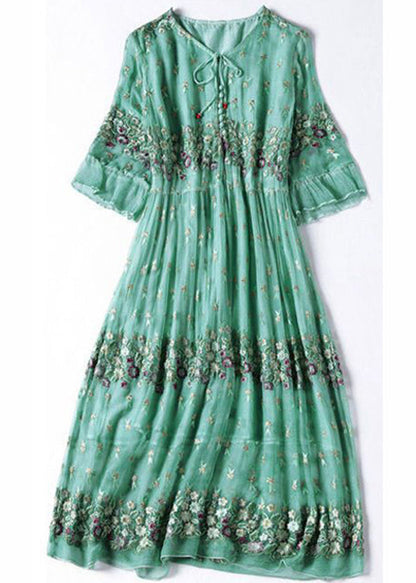 Fine Grass Green Embroideried Patchwork Silk Maxi Dresses Ac3047