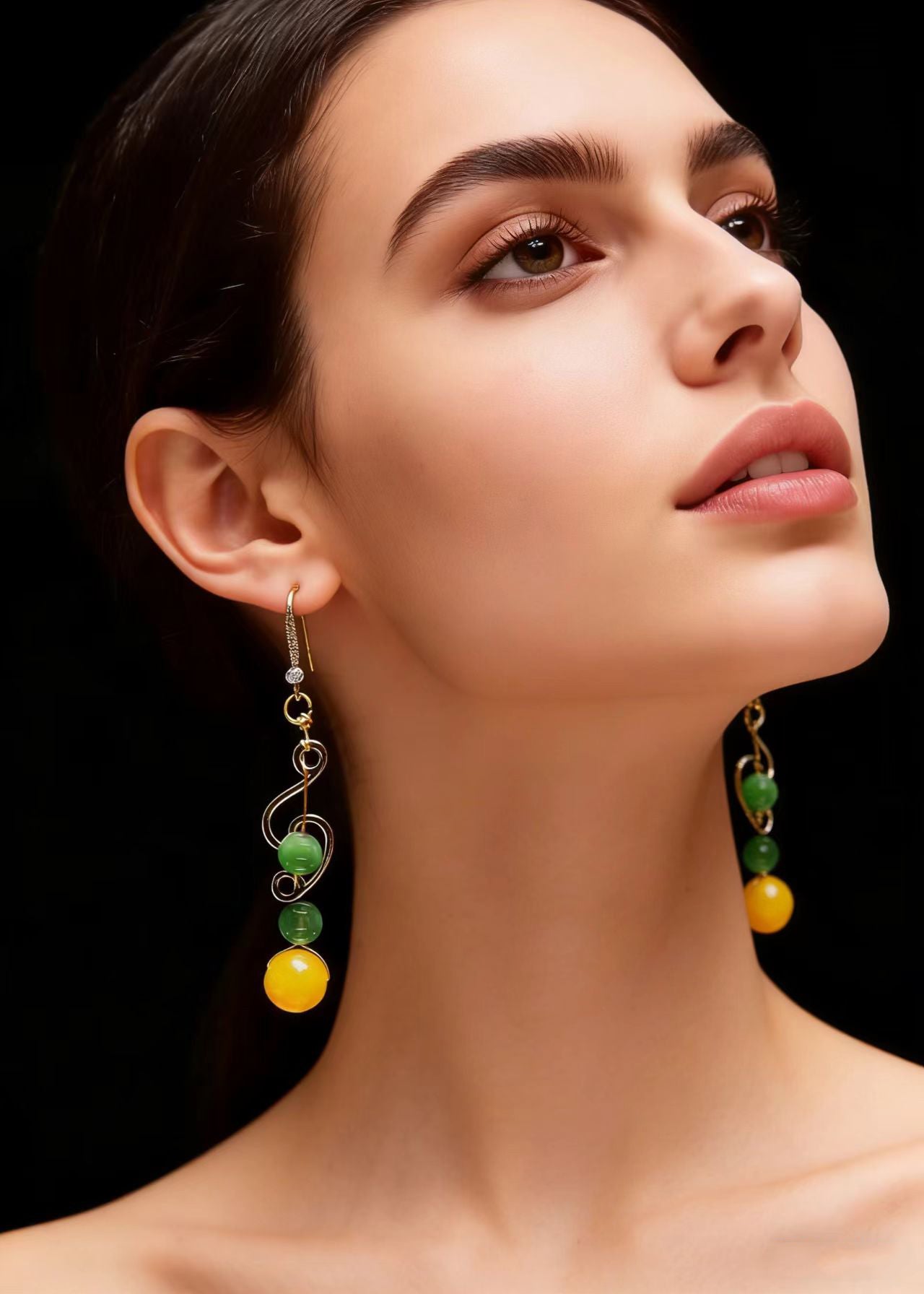 Fine Jade and Beeswax Zircon Long Drop Earrings